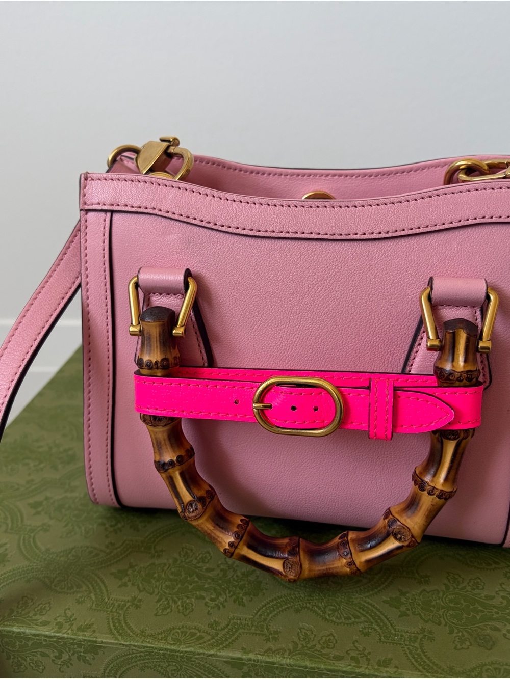 Gucci Pink Leather Mini Top-Handle Bag with Bamboo Handles and Neon Pink Strap - Picture 5 of 10